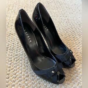 Ralph Lauren Black Patent Leather Peep Toe Heels Size 10M